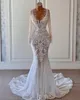 Robe de mariée sirène en dentelle, Sexy, avec des appliques de perles, col en V transparent, sur mesure, arabe, 2023