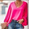 Women's TShirt Women Blouses Sexy VNeck Long Lantern Sleeve Blouse Loose Shirts Elegent Office Ladies Smooth Casual Solid Color Tops Plus Size 221124