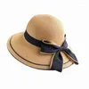 Chapéus largos de chapéus de palha de arco para mulheres verão 2022 ladies praia sunhat panamá casual viseira plana tampa sol dobrável com bowknot