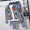 Frauen Zwei Stück Hosen Europäischen Stil Denim Anzug Mode Outfit Frauen Blume Pailletten Jacke Kurze Jeans Zwei Stück Set weibliche 221123