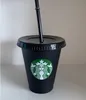 スターバックス16オンス/473mlプラスチックマグタンブラー再利用可能な黒い飲酒フラットボトムピラーシェイプ蓋ストローカップバーディアン100pcs b3ti