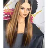 100% menschliches Haar Perücken für schwarze Frauen glühlos Highlight Honigbraun 1x4 Öffnen u Teil/v Teil seie glatte Perücken mit Clips