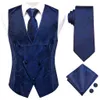 Mens Suit Blazers Silk Vests and Tie Business 형식 드레스 슬림 조끼 4pc 정장을위한 넥타이 한 번의 커프스 단추 블루 파이즐리 플로럴 양복 조끼 221123