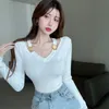 Women's TShirt Korean Chic Slim T Shirts Women's V Neck Halter Sexy Long Sleeve Tops Tees Female Patchwork Tshirt Crop Top 221124