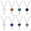 Pendentif Colliers Naturel Pierre Précieuse Coeur Clé Pendentif Collier Pour Femmes Hommes Pierre De Naissance Guérison Chakra Cristal Quartz Bijoux 45Cm Si Dhcjo