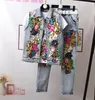 Frauen Zwei Stück Hosen Europäischen Stil Denim Anzug Mode Outfit Frauen Blume Pailletten Jacke Kurze Jeans Zwei Stück Set weibliche 221123