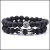 Beaded 10Pc/Set Natural 8Mm Crown Volcano Stone Cz Round Bracelet Sets Gifts For Men Women Handmade Yoga Jewelry Drop Deliver Dhgarden Dhqfp