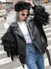 Women's Leather Faux Lautaro Autumn Short Black Oversized Lace Patchwork Biker Jacket Long Sleeve Loose Womans Clothing Fashionable Outerwear 221124