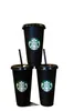 Starbucks 24oz/710ml Plastikbecher Tumbler Wiederverwendbare schwarze Trinkbecher mit flachem Boden, säulenförmiger Deckel, Strohhalmbecher, 50 Stück, kostenloser DHL CNEI