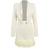 Two Piece Dress Elegant Feathers Set Office Lady Style Party Suit Long Sleeve Open Stitch Blazer Jacket Mini Skirt Suits 221124