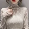 Kadınlar Tshirt Sonbahar Kış Kore Yüksek Yakası Uzun Kollu Mesh Parlak İpek Seksi İnce Temel Üstler Kadınlar Moda Zarif Şık Sulak Tshirts 221124
