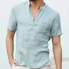 T-shirt da uomo 2022 Camicia da uomo in lino cotone estivo Camicetta casual Mezza parte anteriore aperta Top manica corta Tee Chemise Homme MY350