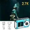 水中ビデオカメラ2.7K 48MP防水デジタルカメラ10フィートHDセルフィーデュアルスクリーン16Xズーム懐中電灯カメラ