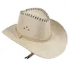 Beralar Vintage Beach Upturn Brem Cowgirl Hat Western Cowboy Geniş Binicilik Dış mekan aktiviteleri için rüzgar geçirmez ip ile T8nb