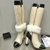 Luxe hiver mode semaine femmes bottes sur le genou talons carrés chaussures dames bottes longues piste Sexy fourrure botte mujer