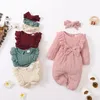 Ins Baby Kids Clothing Girl Romper O-Neck Long-Sleeve Lace Design Solid Color Romper Headband Infant Simple100％Cotton