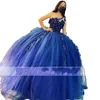 Quinceanera Ball Gown Dresses One Shourdeld Royal Blue Illusion Lace Aptliques Beads Crystal Floor Length Corset Back PlusサイズPROMイブニングドレス403