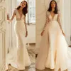 Robes De Mariée Sirène Élégantes Transparent Bateau Col En V Fleur Candidat Manches En Dentelle Avec Remorque Amovible Robe De Chapelle Sur Mesure Plus La Taille Vestidos De Novia