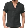 T-shirt da uomo 2022 Camicia da uomo in lino cotone estivo Camicetta casual Mezza parte anteriore aperta Top manica corta Tee Chemise Homme MY350