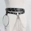 Gürtel Frauen Punk-Stil Schwarz Taille Gürtel Kette mit großem Ring Verstellbare Leder Bauchketten Goth Körperzubehör