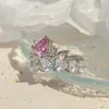 Anillos de boda Romántico Corte de corazón Rosa Cristal Zircon Ajustable Señoras Conjunto de lujo Joyería de compromiso