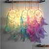 Autres fournitures de fête d'événement Nouveau Dream Catcher Plume Girl Style Fabriqué à la main Dreamcatcher avec String Light Accueil Chevet Tenture murale DHA8B