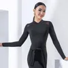 Stage Wear Ballroom Dance Clothes Female Women Latin Tops Black Long Sleeves Mesh Standard Waltz Costume Practice Shirt DNV14636