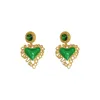 Pendientes colgantes de piedra semipreciosa verde para mujer, diamantes de encaje dorado, joyería romántica con corazón, pendientes, moda personalizada