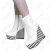 Ronticool New Women Women Winter Tornozelo Botas de Patente Capitadas Saltos de Cosplay Black White Listradas