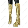 Heelsmaker Handgefertigte Damen-Winter-Kniestiefel aus Kunstleder mit Blockabsatz, quadratischer Zehenbereich, hübsche goldene Cosplay-Schuhe für Damen, US-Größe 3–10,5