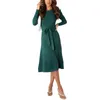 Casual Dresses Elegant Round Neck Paraply Midi Dress 2022 Autumn Winter Women Sticked tröja Bälte långärmad bodycon Hepburn