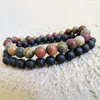 Bedelarmbanden set van 2 heren mat onyx en Picasso j-as per mala armband 8mm kralen chakra genezing voor mannen cadeau