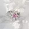 Anillos de boda Romántico Corte de corazón Rosa Cristal Zircon Ajustable Señoras Conjunto de lujo Joyería de compromiso