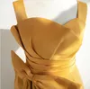 Brautjungfernkleider im goldenen Schultergurt-Stil, langes Trauzeuginkleid aus Satin und Tüll mit abnehmbarer Schleife