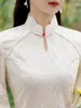 Ethnische Kleidung Eleganter Tropfenkragen Perlen Spitzenbesatz Halbarm Chiffon A-Linie Cheongsam Frauen Sexy chinesische traditionelle handgefertigte Knöpfe