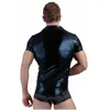 Men's T Shirts CFYH Black Sexy Mens Soft Faux Leather Uniform Shirt Tops With Snap Down Collar Novelty And Stylish Short Sleeve