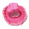 Berets Western Style Cowboy Hat Pink Women's Fashion Party Night Club Warped Gree Brim z cekinową deciną koroną tiara cowgirl