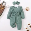 Ins baby kinderkleding meisje romper o-neck lange mouw kanten ontwerp stevige kleur romper hoofdband baby simpel 100% katoen