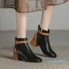 Boots thick heel side link color blocking short boots for women Korean version French square head Martin boots soft leather high thin