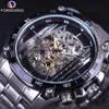 Forsining Sport Military Design Design Transparente Skeleton Dial Silver Stainless Aço masculino Top Brand Luxury Automatic Watches D342L