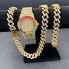 Chains 3PCS Mens Hip Hop Jewelry Set Iced Out Watch Necklace Bracelet Bling Diamond Miama Cuban Women Gold Watches Couple