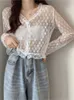 Women's Sweaters Korean Women Shirt Tops Blouse Button Up Shirt Lace Hollow Out Long Sleeve Vest Sunscreen Summer Female Chiffon Scarf Top J220915