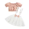 Completi di abbigliamento Completi da ragazza per bambini Set con volant Manica corta Tinta unita Top con spalle scoperte Bretella Bowknot Gonna a rete stampata a cuore d'amore