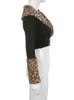Damenjacken WeiYao Leopardenfellkragen und Manschetten Slim Crop Y2K mit Gürtel Ästhetische Vintage V-Ausschnitt Langarm Pullover Tops Frauen