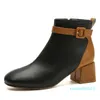 Botas grossas de link lateral de salto grosso Blocking botas curtas para mulheres Vers￣o coreana da pra￧a francesa Martin Boots Lear