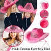 Berets Western Style Cowboy Hat Pink Women's Fashion Party Night Club Warped Gree Brim z cekinową deciną koroną tiara cowgirl