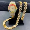 Chains 3PCS Mens Hip Hop Jewelry Set Iced Out Watch Necklace Bracelet Bling Diamond Miama Cuban Women Gold Watches Couple