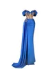 Robe de soirée bleu foncé en satin pour femme, épaules dénudées, col en V, paillettes perlées, fente latérale, longueur au sol, robe de soirée, grande taille, personnalisée
