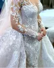 Appliques in pizzo Sirena Abito da sposa da donna Gioiello Sheer Maniche lunghe Abiti da sposa Custom Made Treno staccabile Arabo Abiti da Noiva