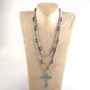 Pendant Necklaces Fashion Bohemian Tribal Jewelry 6mm Metal Beads / Turq Long Knotted Cross